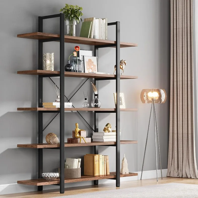 Vintage Industrial Style Bookcase, 5-Tier Bookshelf, Retro Brown Bookcase, 72 H x 12 W X 47L Inches