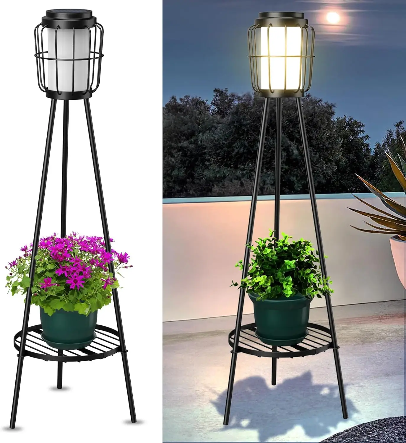 

2 Pack Solar Lights Outdoor with Plant Stands - Solar Floor Lamp & Street Lights with Metal Tripod - Patio Decor for Garden,