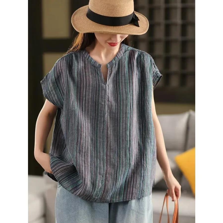 Womens Cotton and Linen T-shirt Lattice Top