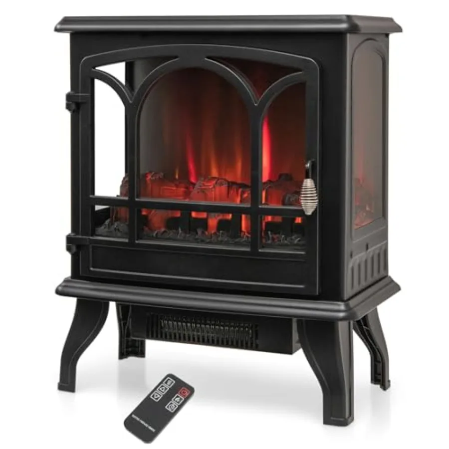 

23 Inch Electric Fireplace Stove Freestanding Fireplace Heater with Vivid Flame Effect 3-Sided Panoramic View Overheat Protecti