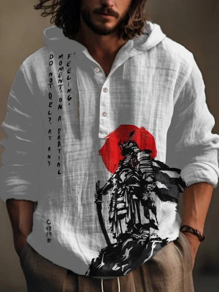 Hot Sale Men Long-Sleeved Shirts Autumn 2025 Men's Japanese Style Knight Art Print Hooded Shirt Casual Beach Tunics Plus Size