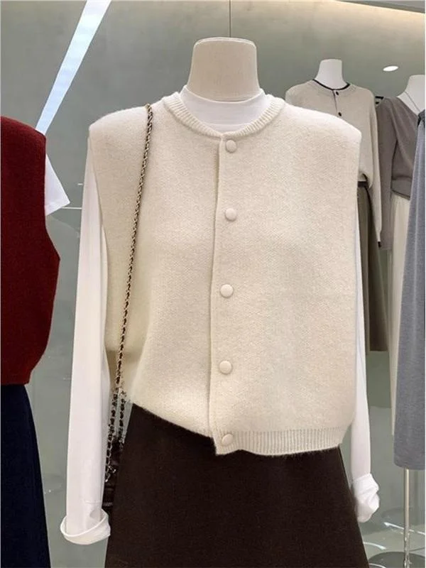 Koreanische Sle runde Ne Svel Taste Gestrickte Weste frauen Herbst Winter Neue Sle Top Layered oulder Pad Weste