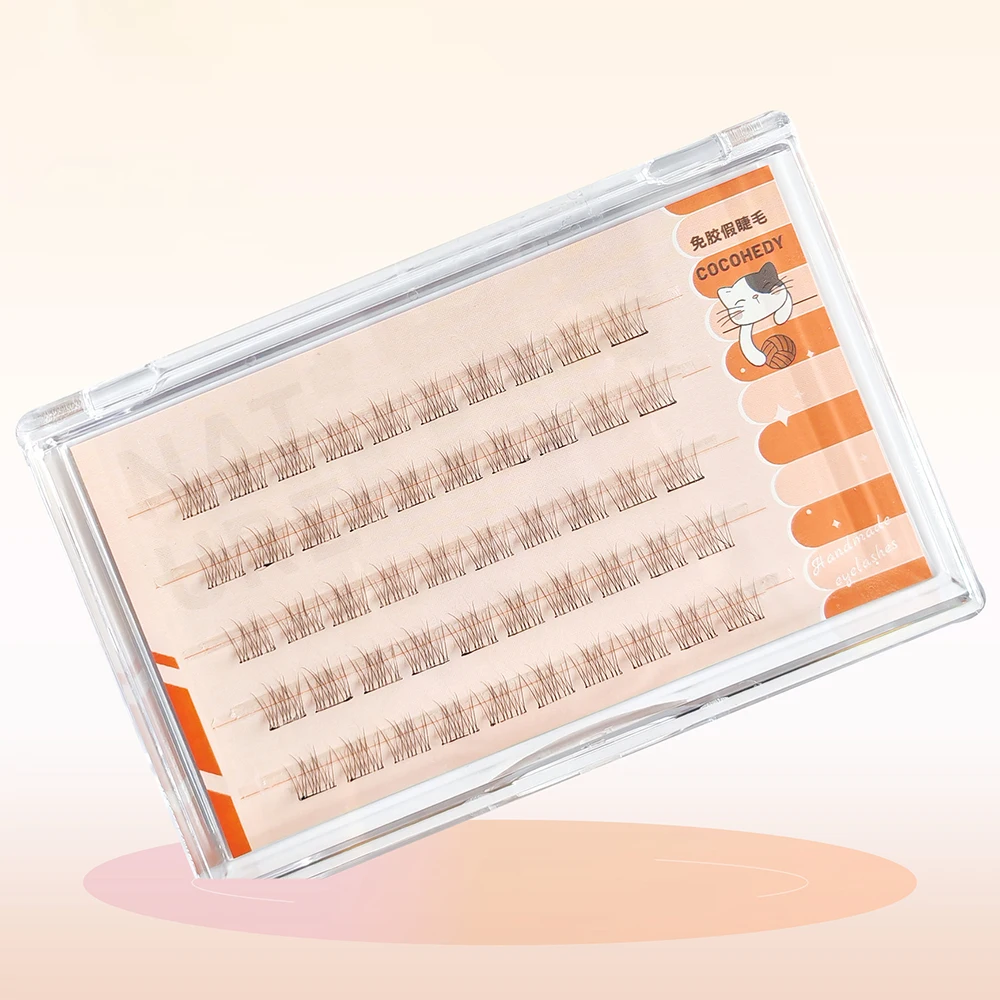 กดบน Self Adhesive Cluster Lashes ดูเป็นธรรมชาติไม่จําเป็นต้องใช้กาวขนตาปลอม Handmade สีดํา Segmented Eyelashes