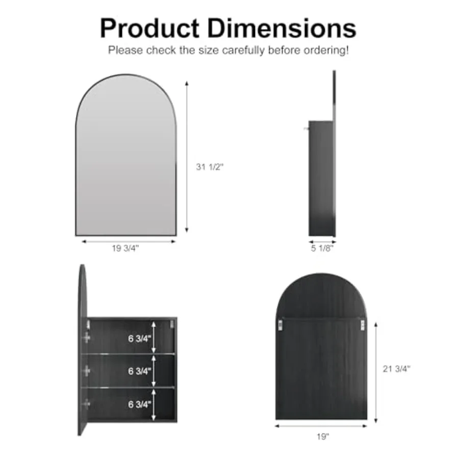 Arched medicine cabinet for bathroom use, black metal mirror cabinet with concealed storage and modern minimalist design
