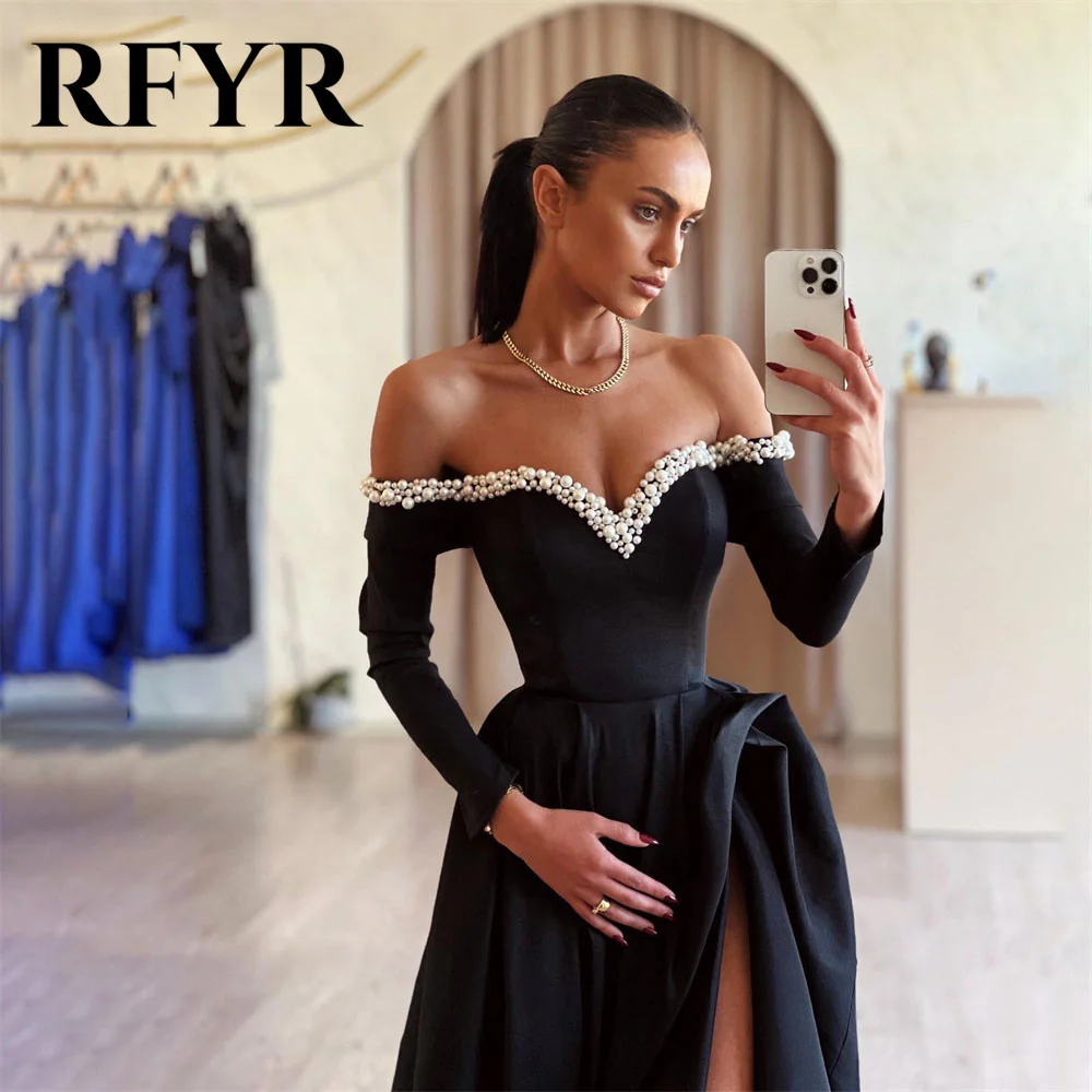 RFYR-vestidos de fiesta negros elegantes, vestidos de noche de satén con hombros descubiertos y cuentas en el pecho, vestido de noche con abertura