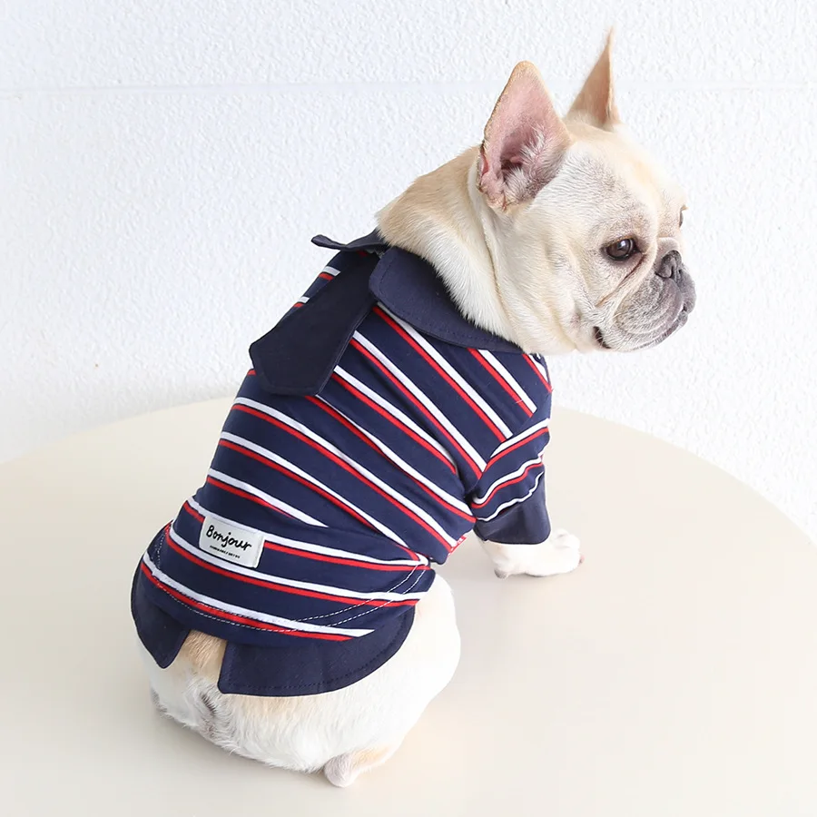 

Mutihome French Hello Print Bulldog Color Stripe Fake Two Shirts Fat Dog Clothes British Bago Corgi Dog Pet Clothes Dog Supplier