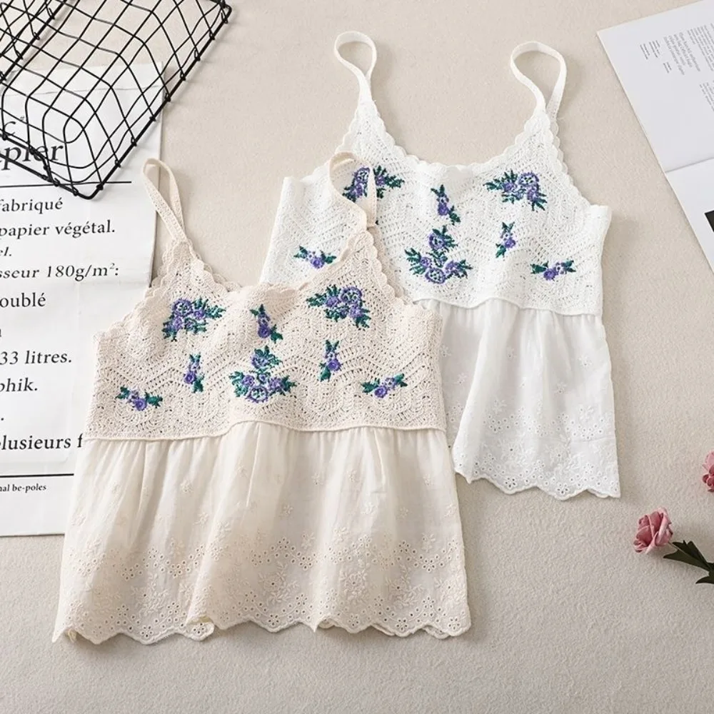 Top in maglia cava ricamato in cotone nuovo Top estivo senza maniche ricamato Top lavorato a maglia senza maniche bohémien donna