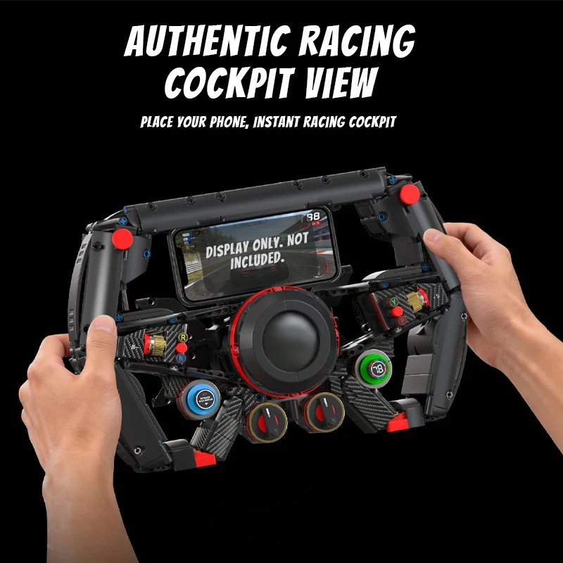 1221PCS Racing Steering Wheel Building Blocks, Simulated Racing Cockpit Phone Stand, Collectible Mechanical Model for Hobbyists