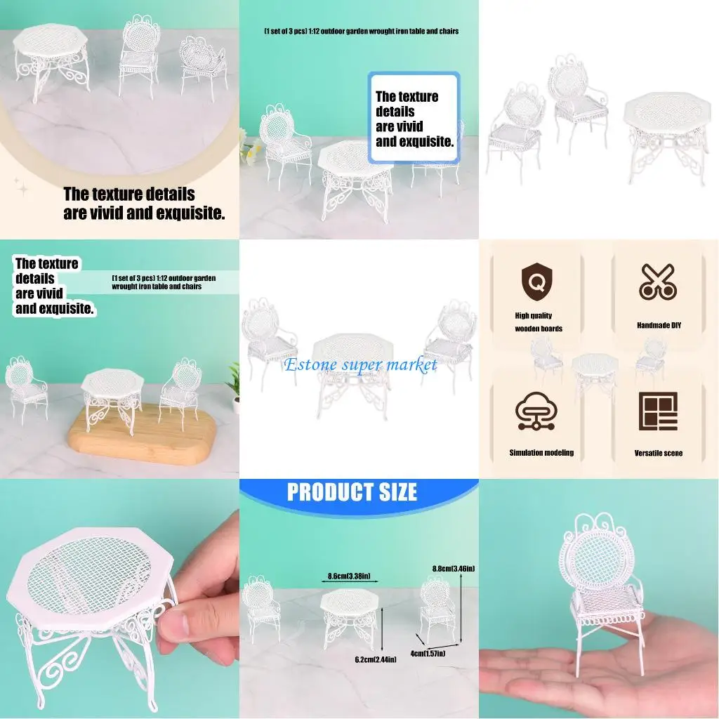 

090B Dollhouses Outdoor Iron Table and Chairs 3PCS 1/12 Scale Garden Scene Accessories