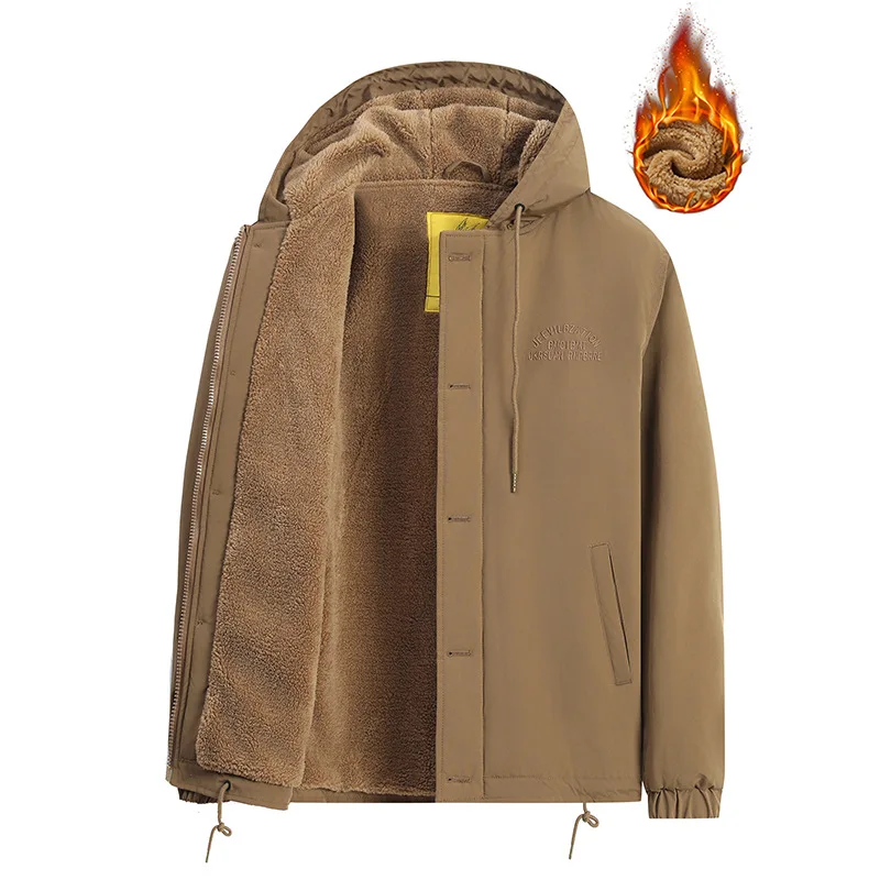 Winter Thick Jacket for Men with Hood Fleece-Lined Workwear Cotton Coat Sheepskin-Lined Outerwear Warm Overcoat