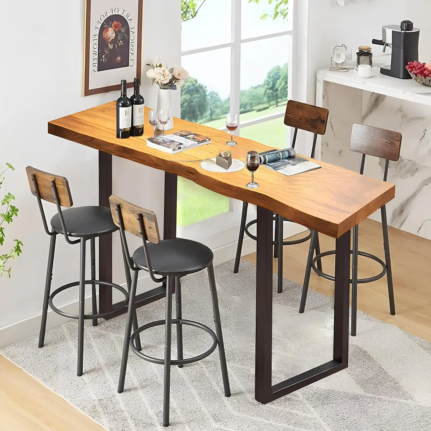 

Bar Height Pub Table, Rectangle Bar Bistro Long Counter Height High Top Dining Table Rustic Breakfast Desk for Coffee Kitchen Re