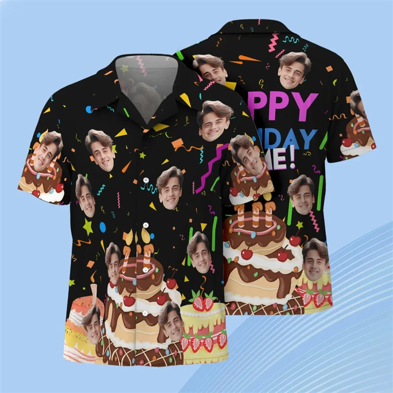 Personalized Face Hawaiian Shirt For Men Women Customized Photo Birthday Short Sleeve Tee Shirt Tops Oversized Button Shirts