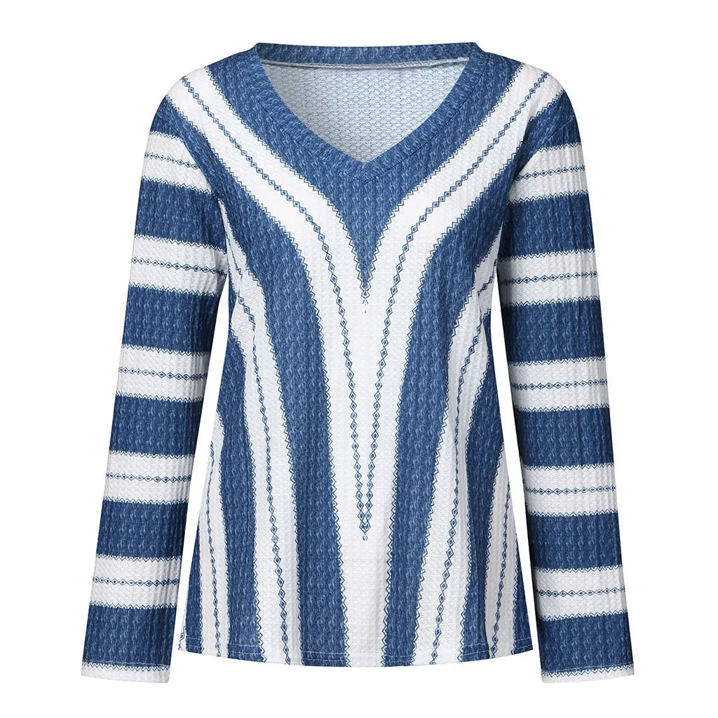 Women's Long Sleeve V Neck Sweater 2024 Autumn Sexy Eelegant Blue White Stripe Print Loose Knitted Pullovers Plus Size Clothes