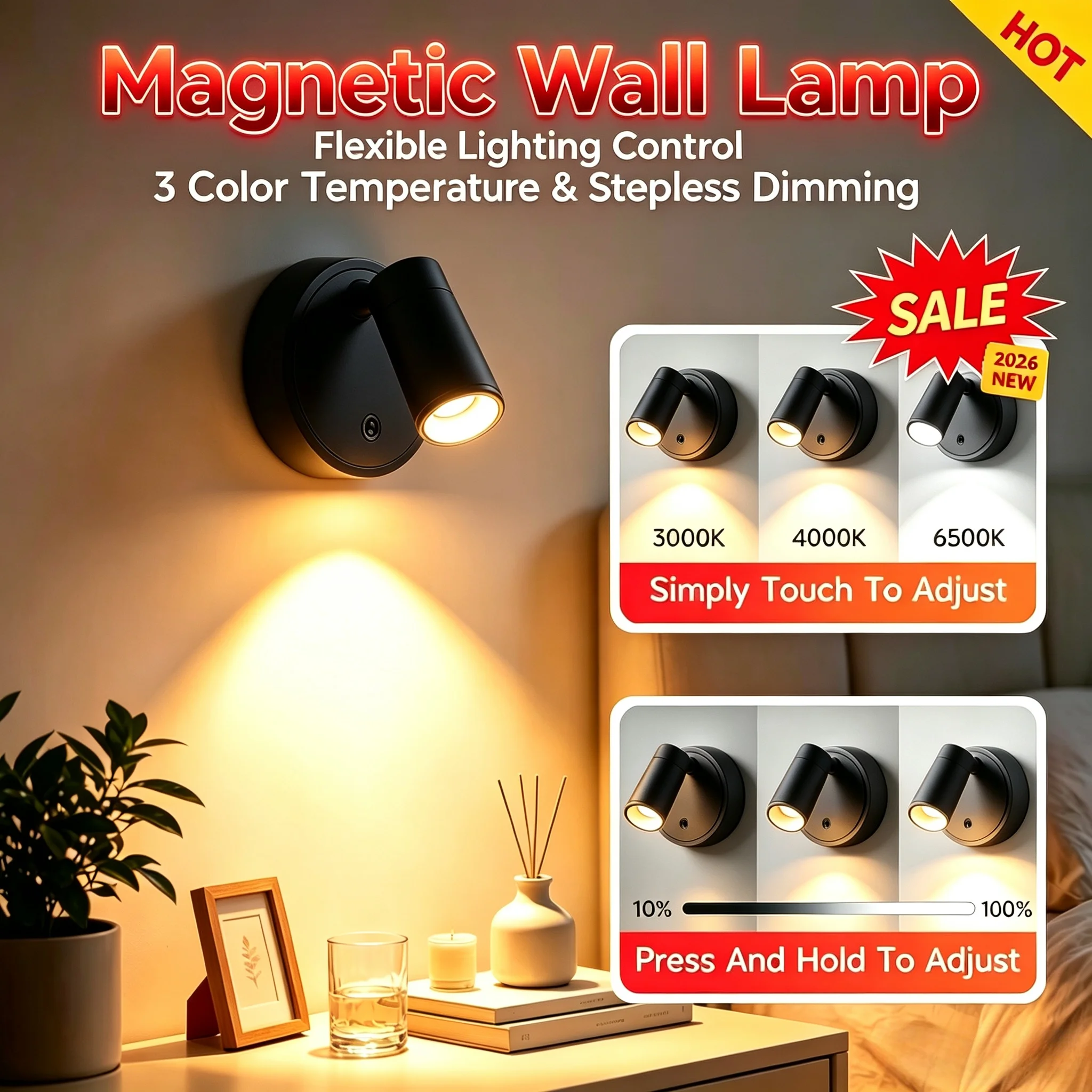 Touch Dimmable Wall Lamp Magnetic LED Cordless USB Rechargeable Wall Light with Type-C Magnet Bedside Lamp for Reading Room Home