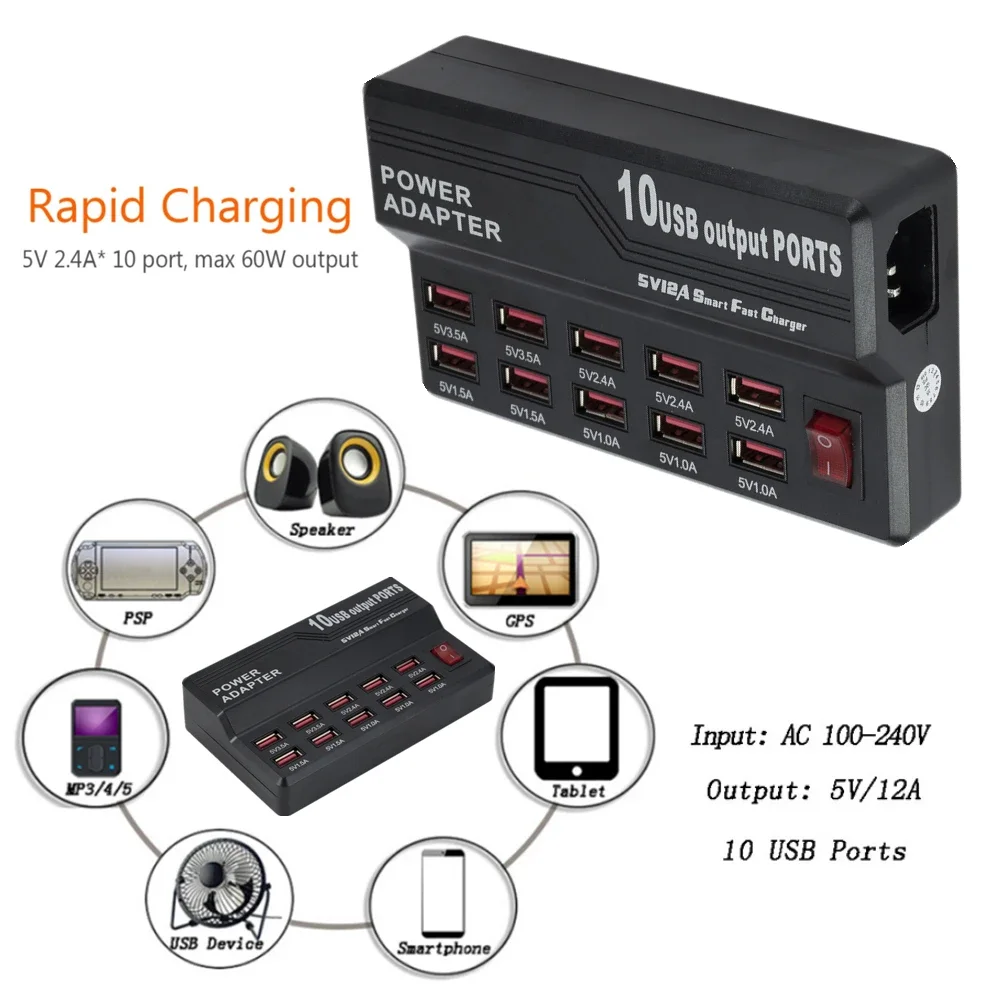 GRWIBEOU Multi 10 USB Power Fast Charge Station Port Charger For IPhone 14 13 12 11 Plus IPad LG Samsung Huawei Charger Socket