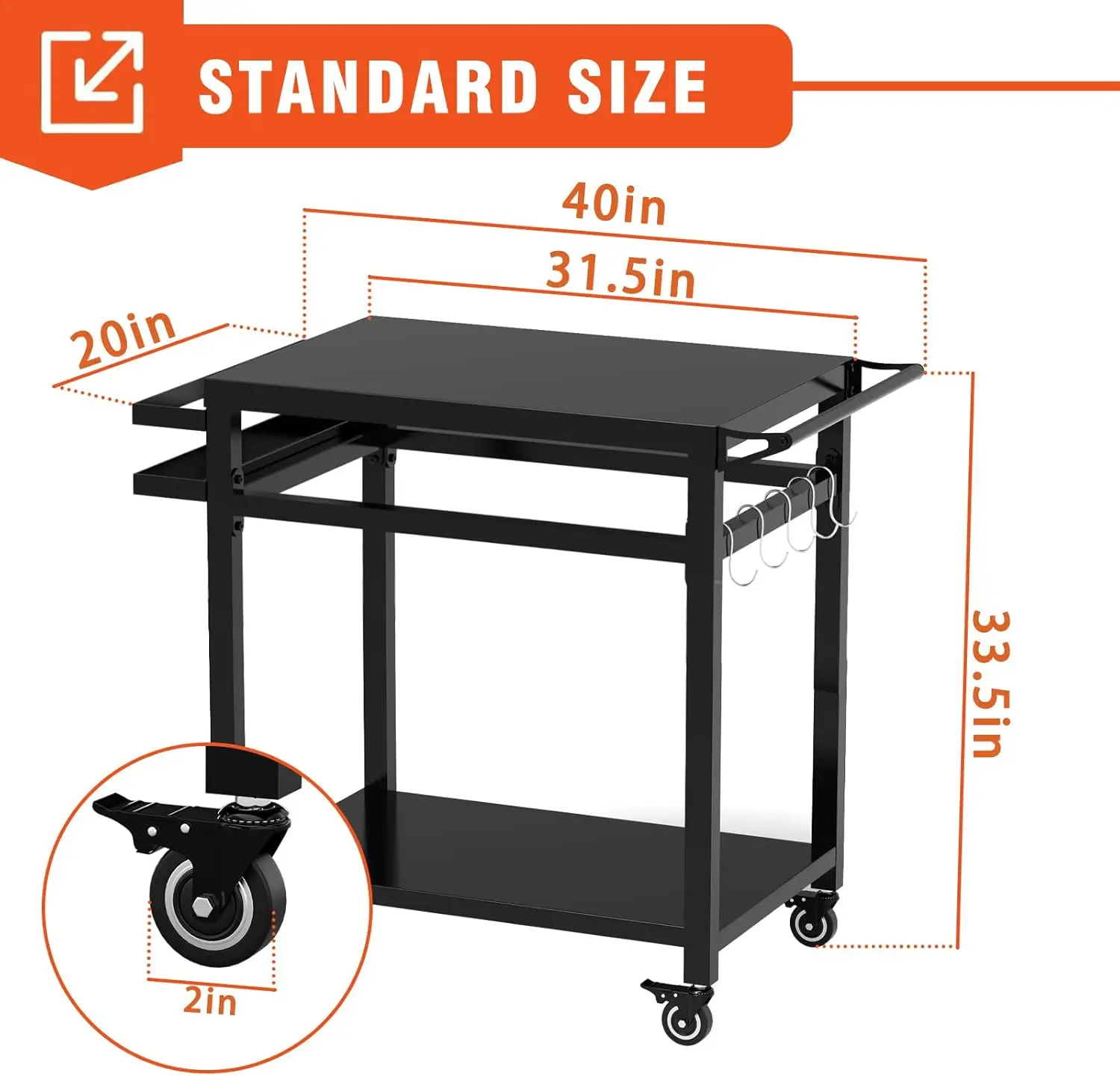 屋外調理用の可動式グリルカートとピザオーブンテーブル、ダブルシェルフ、20x32インチ、新品