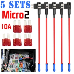 Universal 5 Pack 12V Car Add-A-Circuit Piggy Back Fuse Tap Adapter 16AWG 10A APT Micro 2 Fuse Blade Holder Small Fuse Extractor