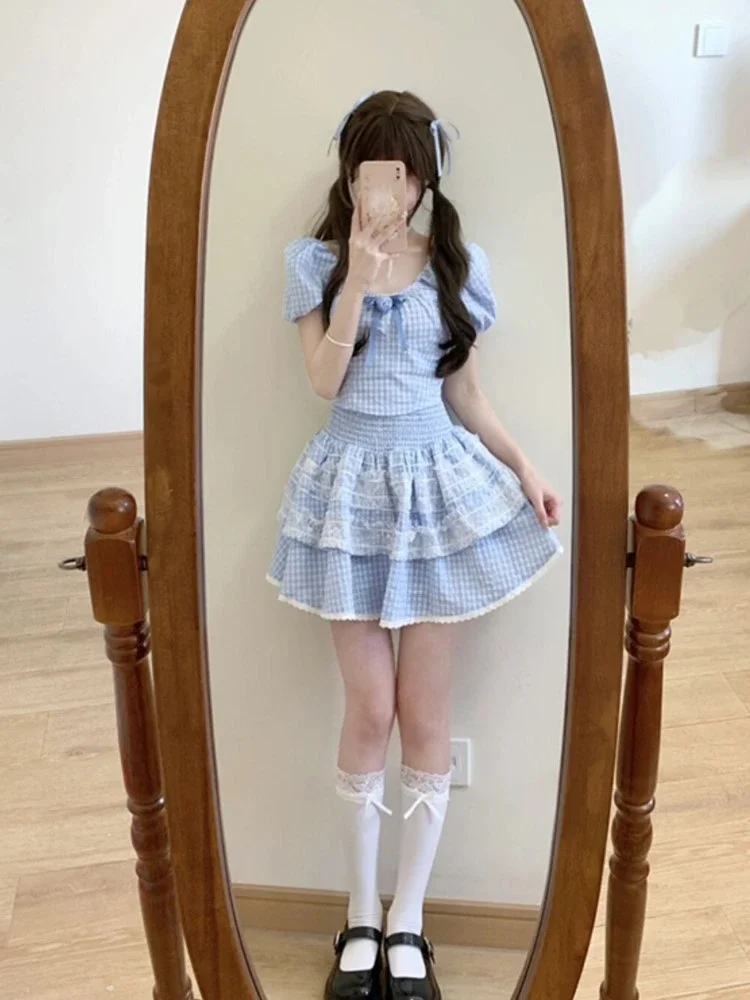 2024 Summer Lolita Kawaii Suit Woman Lace Sweet Plaid Set Casual Short Tops Princess Party Y2k Mini Skirt Fashion Clothing Chic