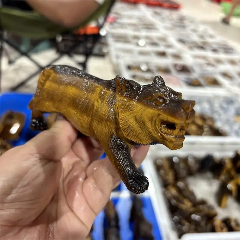 Natural Yellow Tiger Eye Stone Tiger Carving Polished Animal Powerful Statue For Home Decoration Gift 1PCS