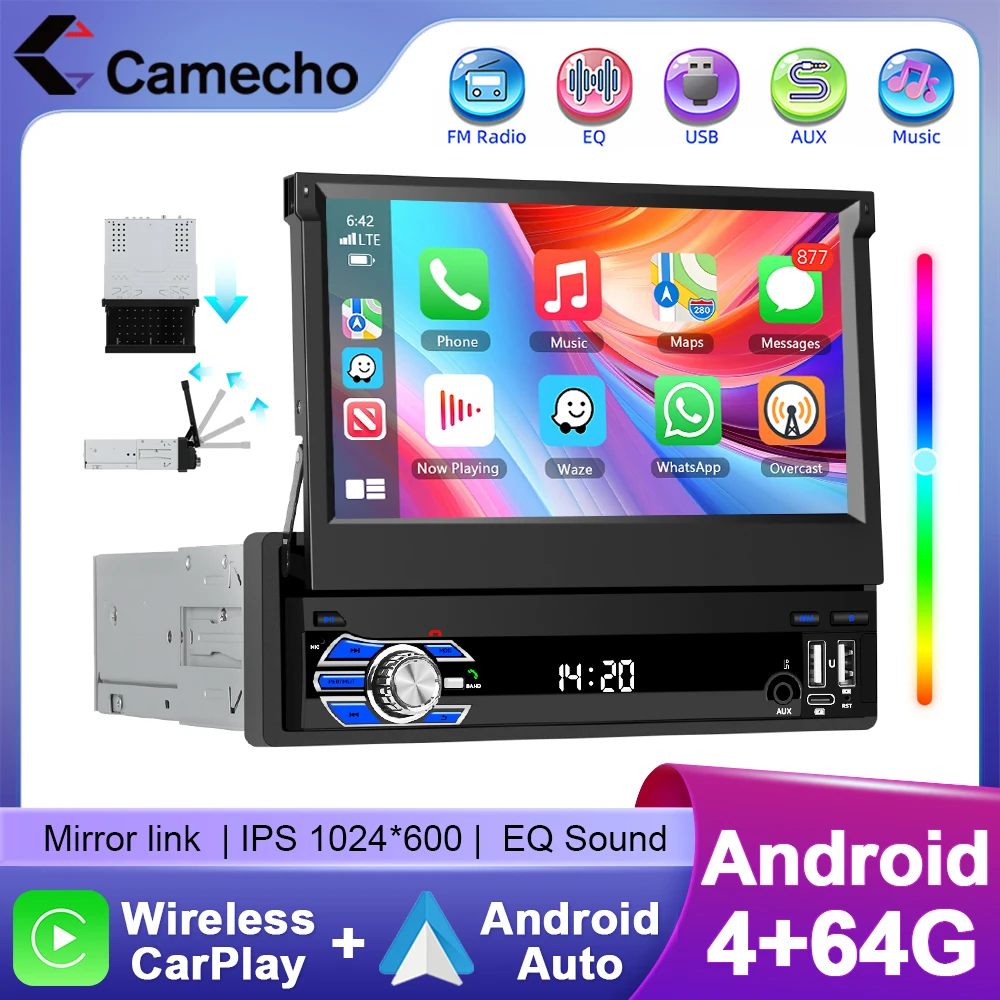 Camecho 4 + 64G Android 1 Din Autoradio Schermo retrattile da 7 pollici Universale 1Din Autoradio Wireless Carplay Android Auto GPS Wifi