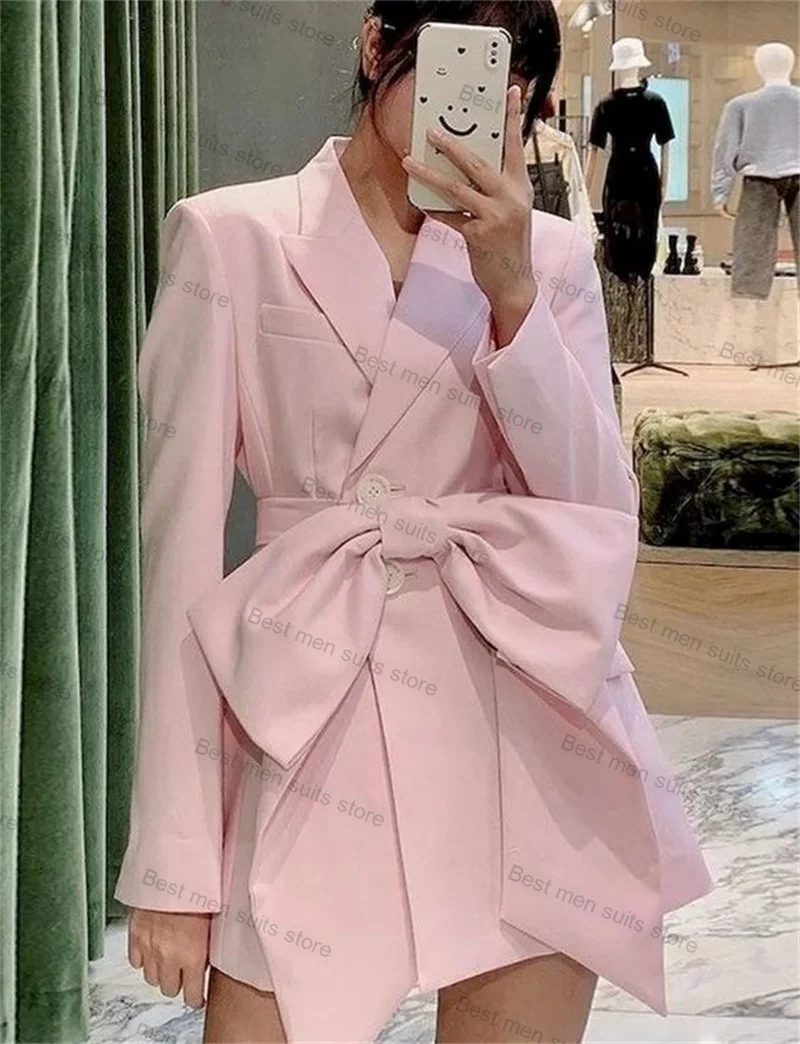 

Pink Women Suit Prom Dress Summer Bow Design 1 Piece Wedding Tuxedo Long Jacket Tailored Office Lady Robes Party Gown