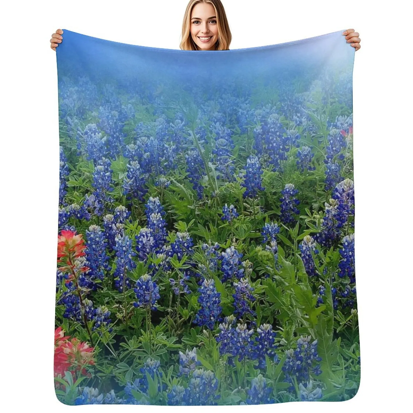 

Pretty BlueBonnets - Blue and Red Hill Country Flowers - Spring Botanical Florals Throw Blanket Summer Sofa Quilt Blankets