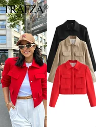 TRAFZA 2024 Women's Red + Black Jacket Solid Turn Down Collar Long Sleeve Cropped Tops Female Fashion Versatile Chic Coat Trendy