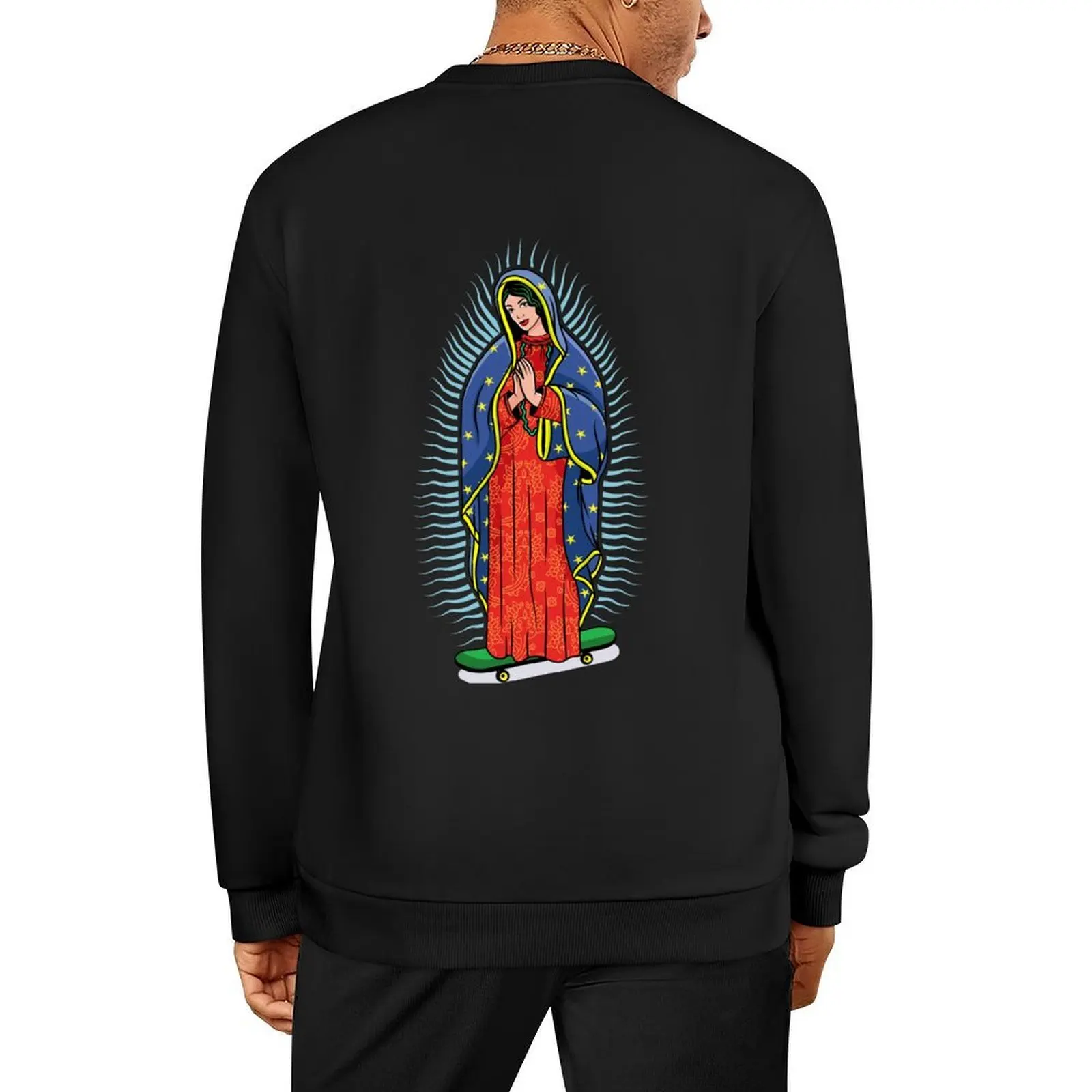 

Virgin of Guadalupe on a skateboard. The Virgin Mary Vector Poster Illustration. Pullover male clothes blouse hoody