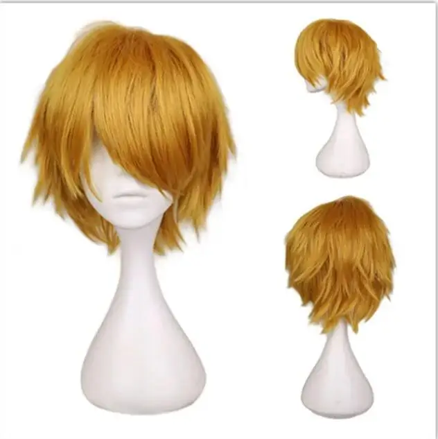 Peluca de pelo corto para hombre, pelo sintético con flequillo, color negro, Blanco, Morado, Rubio, rojo, Cosplay, disfraz de Anime, Halloween