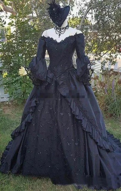 Vintage Black Medieval Wedding Princess Prom Dress Gothic Vampire Wedding  Dress with Lace Off Shoulder Bridal Dress