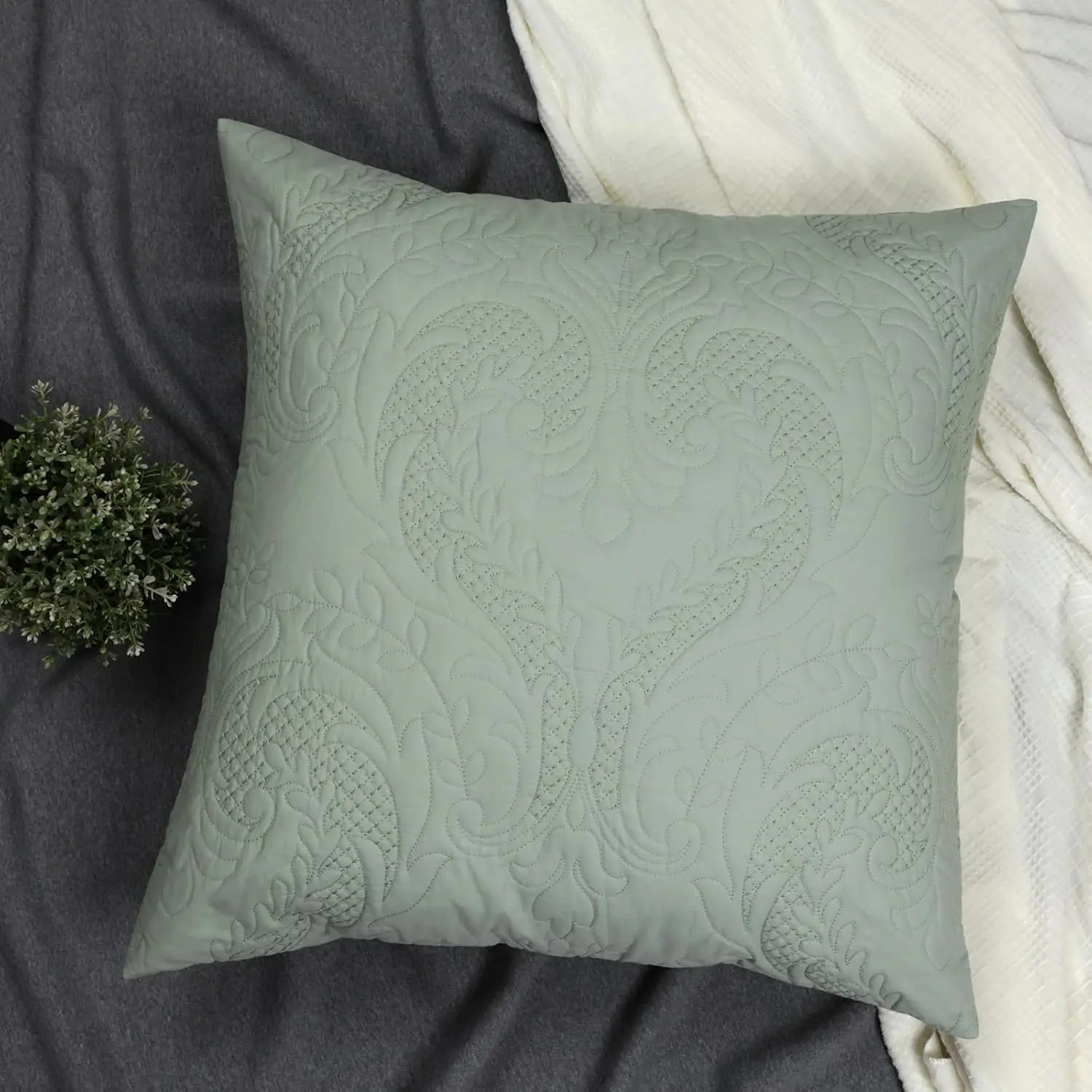 

Quilted Euro Sham Sage Green Damask 26X26 Set Of 2 Embroidered Floral Textured European Pillow Cover Decorative Large Square