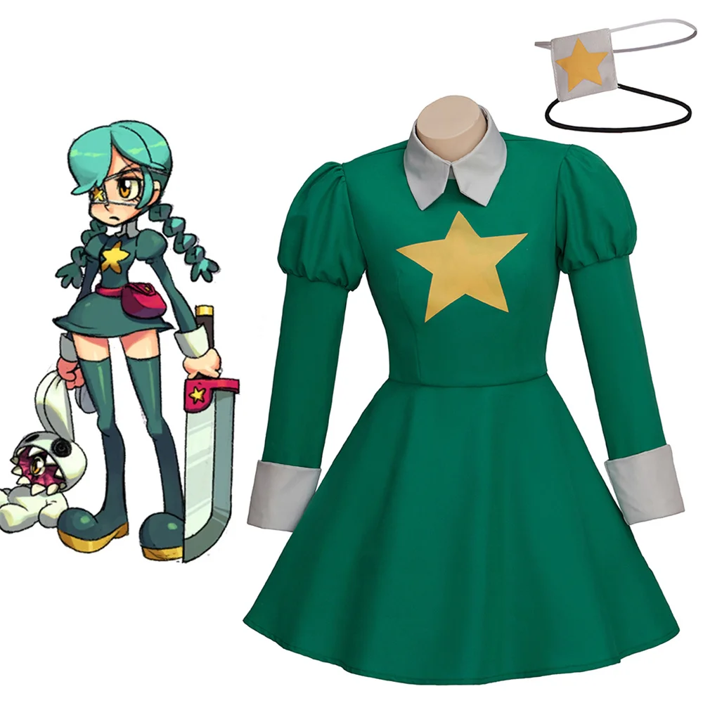 

Game Skullgirls Annie Cosplay Costume Women's Green Uniform Dress with Eye-Patch Halloween Party Fighting Outfits