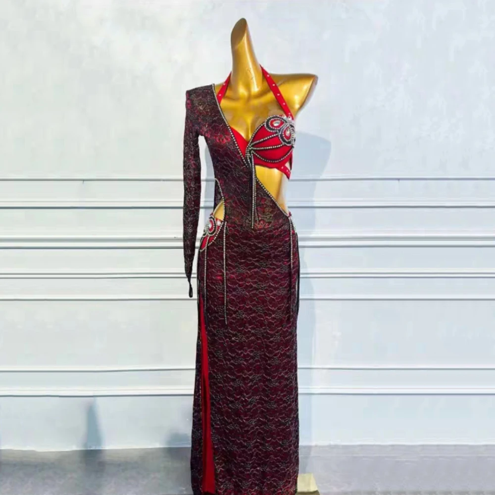 Gonna lunga divisa intarsiata con diamanti di fascia alta da donna da competizione di danza del ventre, vestito da abbigliamento Samba Performance