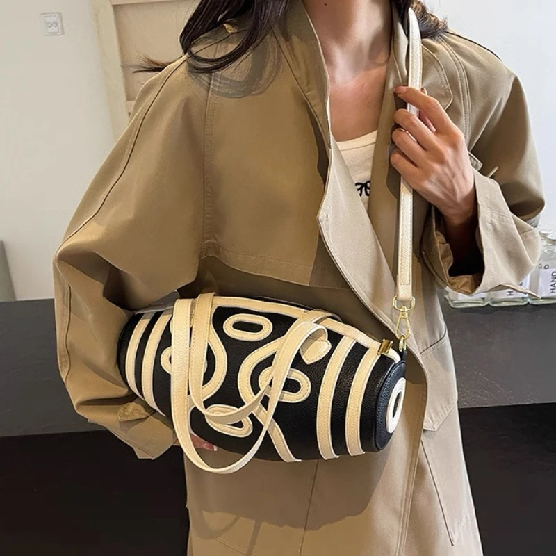 Fashionable Hand-held Bucket Bag, Women's Color-blocked Striped Casual Cylinder Bag Style Creative Design Single-shoulder Bag