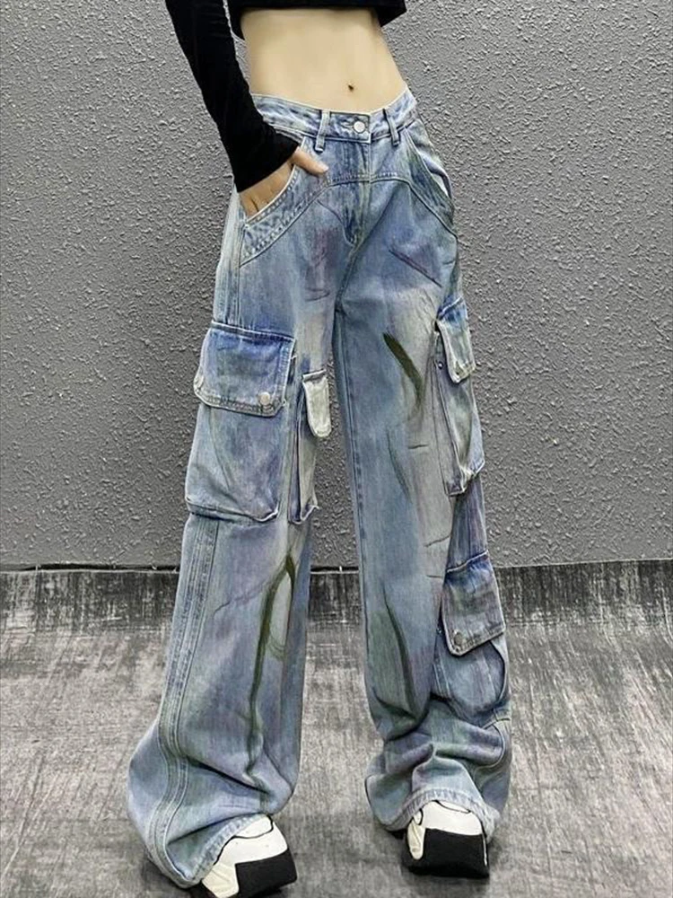

Personalized multi pocket painted denim pants for women in spring autumn high waist loose fit slimming wide leg pants