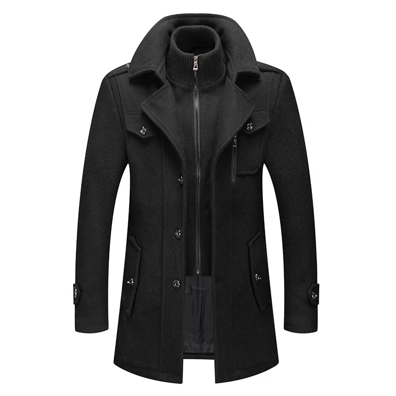 Mens Wool Blend Trench Coat Fashion Removable Double Collar Zipper Coat Autumn Winter Warm Casual Windproof Pea Coat Hombre 5XL