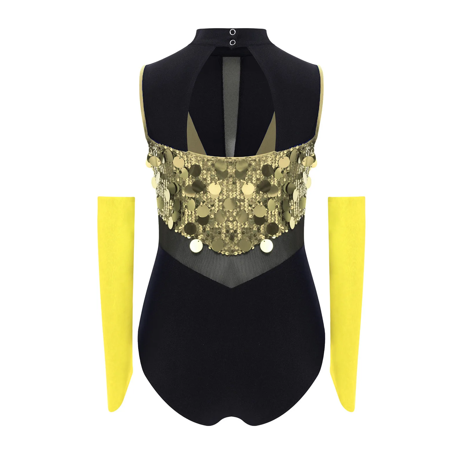 Justaucorps de danse de gymnastique de Ballet à paillettes pour enfants filles avec gants tenue de Performance sans manches découpe dos paillettes ensemble de blocs de couleur