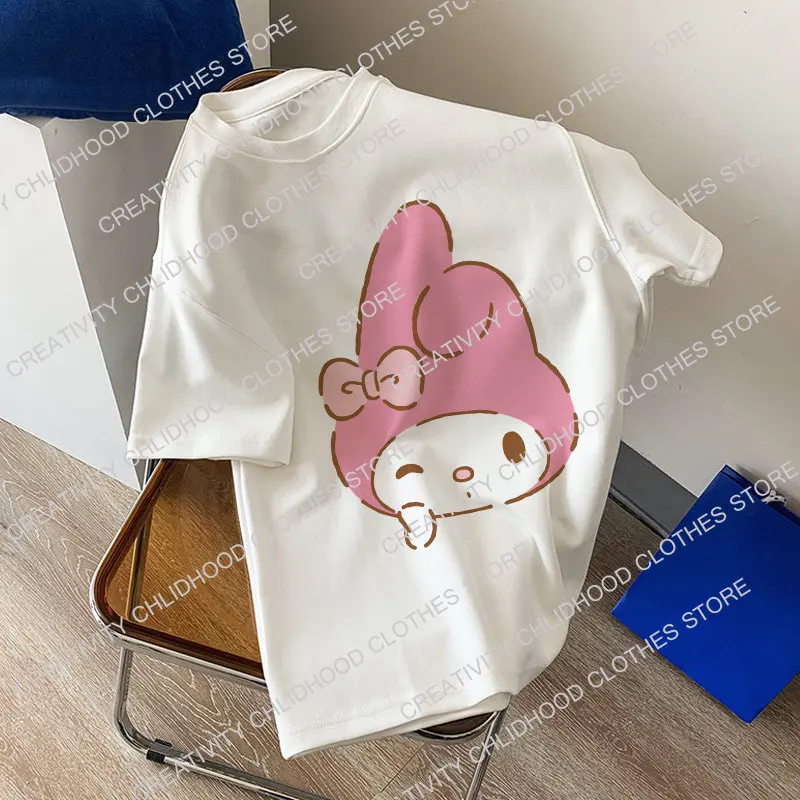 Melody Kuromi Cotton T-shirt Anime Sanrio Women T Shirts Kawaii Cartoons Casual Clothes Fashion Unisex Streetwear Oversized Tops