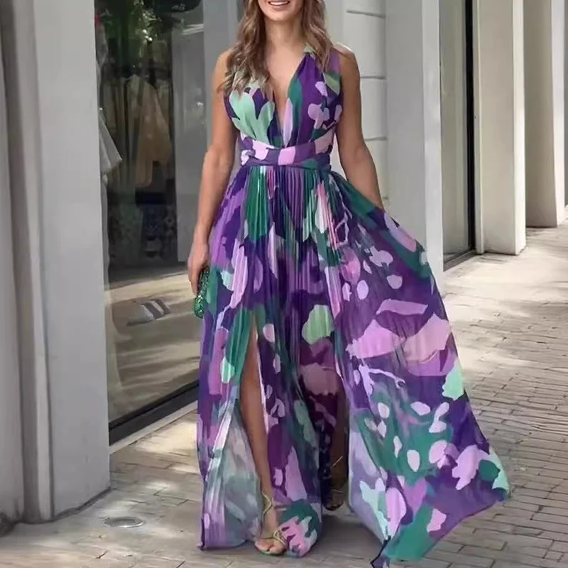 Robe Longue Plissée à Col en V pour Femme, Style Boho, Sexy, Col Licou, Imprimé Élégant, Fente Latérale, Maxi, Été, Printemps