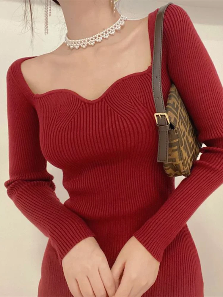 Vintage Harajuku Slim Sweater Dress Women Autumn Winter Long Sleeve Bodycon Knitted Midi Dresses Party Evening Club Female