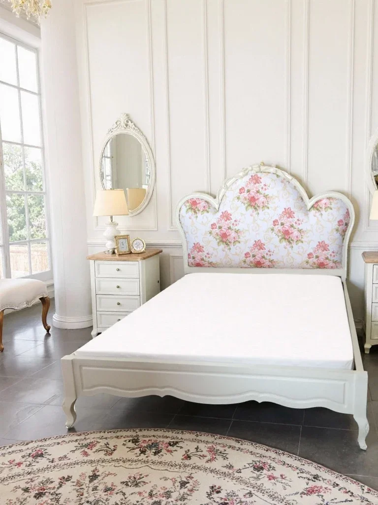 Girl pink flower bedside modern simple girl bed villa princess bed