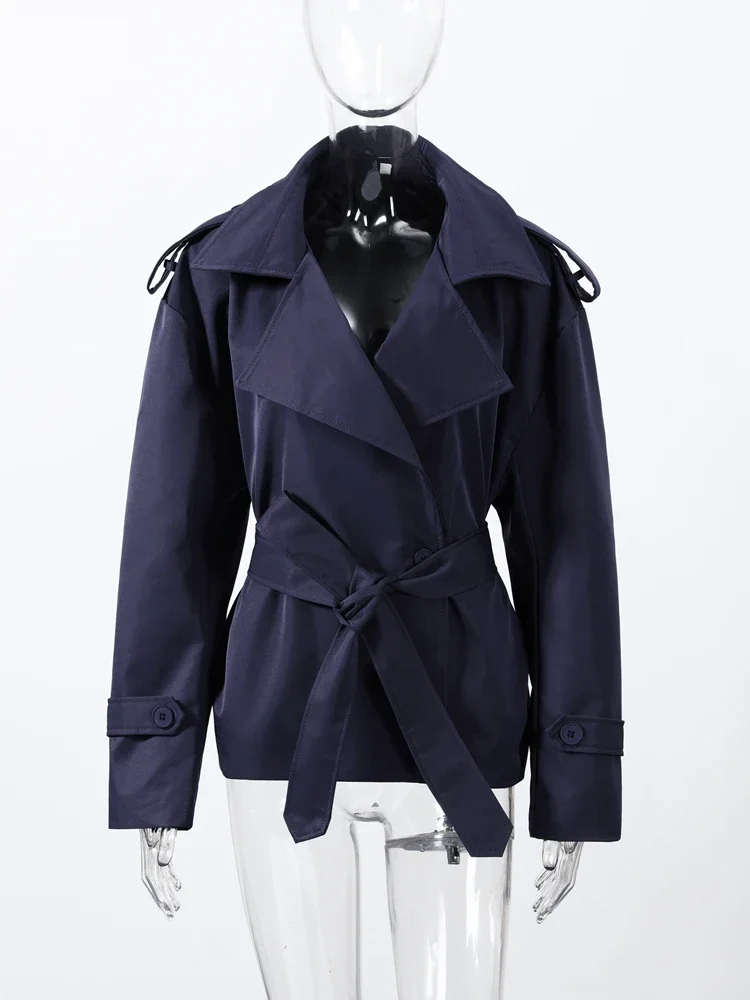 Damenmäntel mit Einfarbigem Revers und Gürtel, Kurze Trenchcoat-Jacke für den Frühling, Weiblicher Epaulet-Mantel mit Langen Ärmeln und Knöpfen, Schlanker Schnitt, Neue Damen-Oberbekleidung – Detail 4