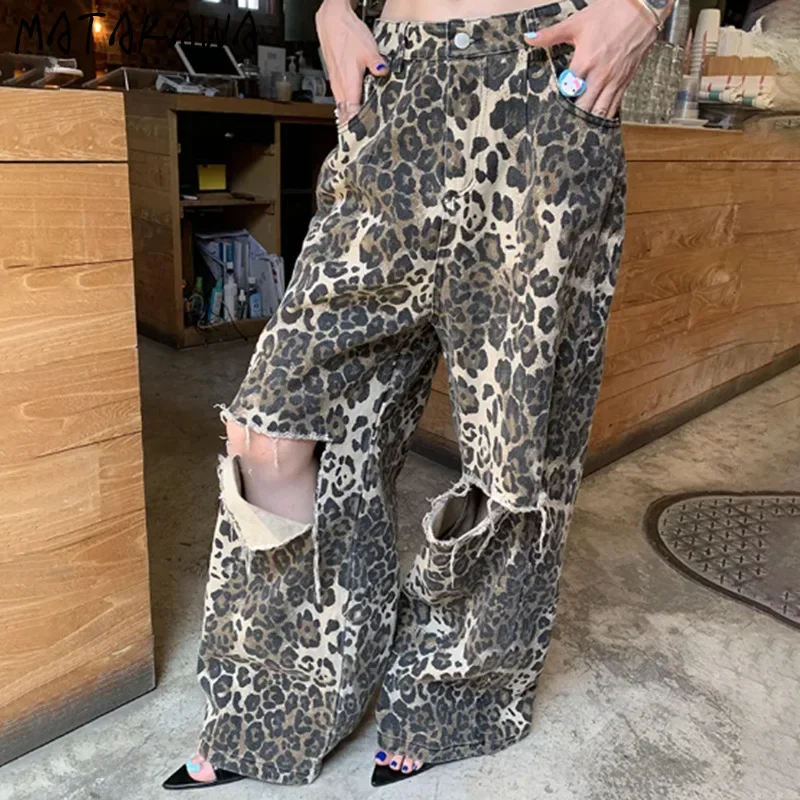 

Matakawa Holes Denim Pants Women Vintage Streetwear Leopard Fashion Loose Pantalones De Mujer High Waist Y2k Autumn Trousers