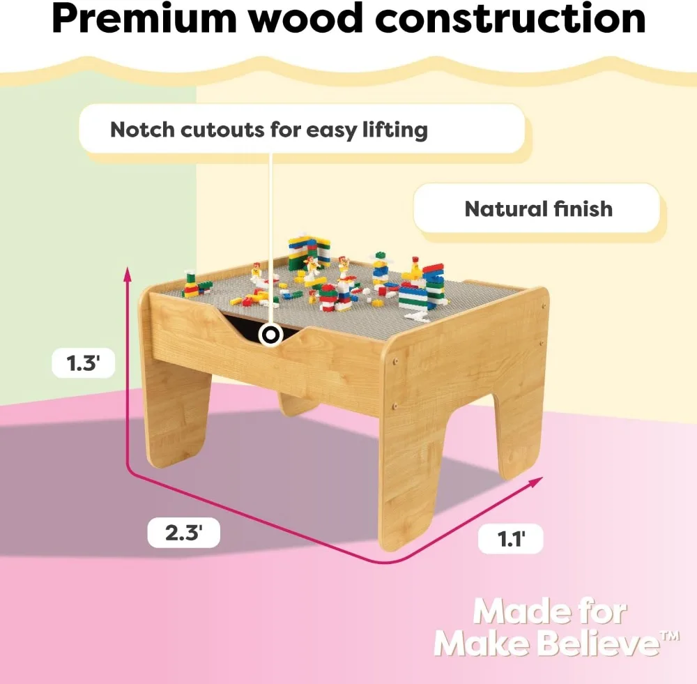 Reversible Wooden Activity Table with 195 Building Bricks, Gray & Natural, Gift for Kids Age 3+