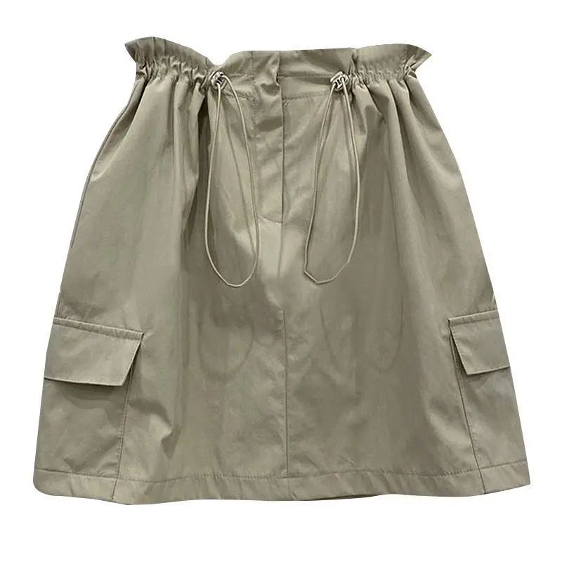 

Summer Drawstring Waist Cinching Pleated A-line Hip Hugging Short Skirt for Female Workers, Women's Half Length Skirt