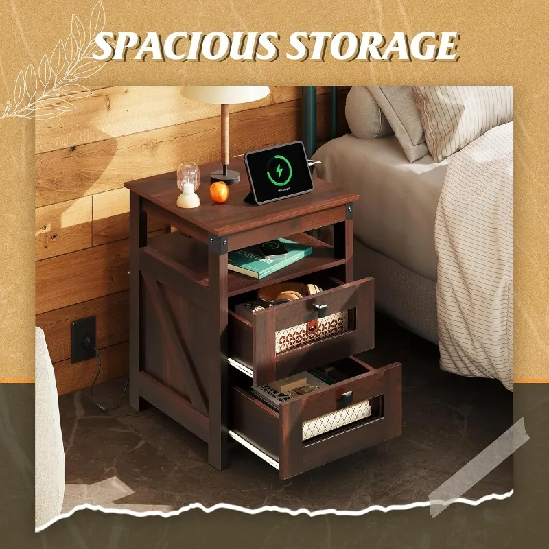 Table with Charging Station, Farmhouse End Table, Bed Side Table with 2 Mesh Drawers Storage & Open Shelf, Rustic Woo