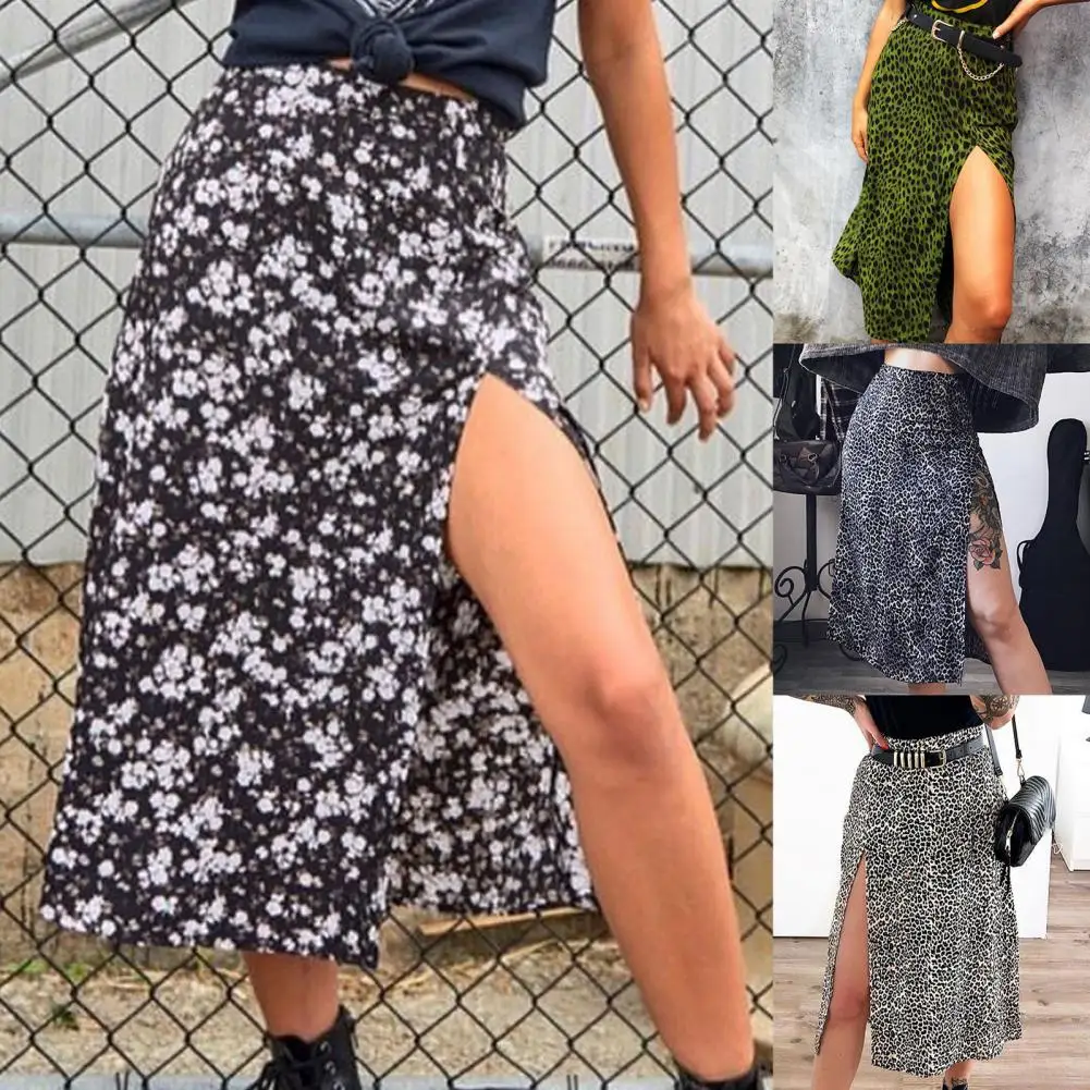 Stylish  Midi Skirt Polyester Sexy High Waist Midi Skirt Leopard Print Comfy Split Skirt for Club