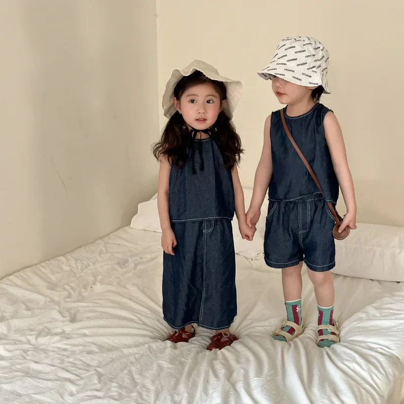 2024 Summer Brother Sister Denim Outfits Retro Solid Boy Children Sleeveless Tops Short 2pcs Girl Baby Cotton Casual Skirt Suit