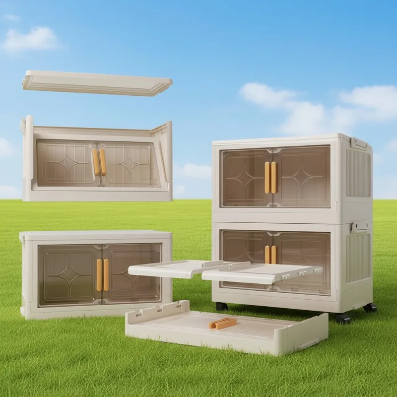 Foldable Storage Bins with Lids Plastic Storage Bins Beige Double Door Stackable Bins with Wheels for Living Room Storage Drawer