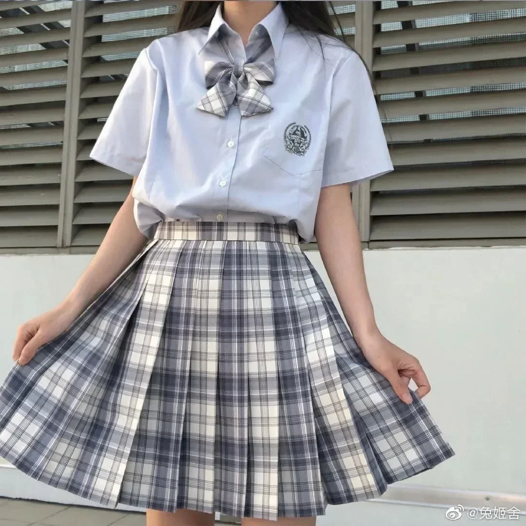 Korean School Girls Uniform Pleated Skirts Japanese School Uniform High Waist A-Line Plaid Skirt Sexy JK Uniforms Woman Full set